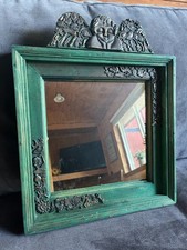 Vtg CHEMA Mexican Folk Art Mirror Signed Green Wood Pewter Milagros Wall Decor picture