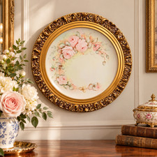 Vintage R.E. Hommel Signed Hand Painted Porcelain Rose Plaque Gold Frame 16” picture