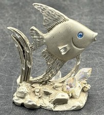 1989 Masterworks Pewter Tropical Angel Fish With Crystal Eyes & On Base 2 1/2