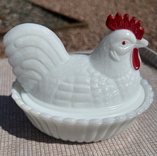 Vintage Westmoreland White Milk Glass Rooster Hen on Nest Dish - farmhouse decor picture