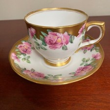 Vtg SALISBURY Pink Roses Tea Cup and Saucer Set Bone China England Pink Gold picture