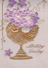 Birthday Greeting - Lavender Violets in Gold Vase - Gold Highlights - Used picture
