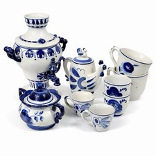 RARE Soviet USSR Gzhel Porcelain Tea Set 9pc Samovar Teapot Cups Hand Painted picture