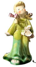 Vintage 1950's Adorable Striped Bow with Flowers Angel Figurine  Gold, Green Red picture