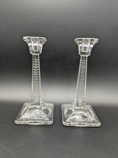 Set of 2 Gorgeous Antique Art Nouveau Etched Glass Column Candle Holders 9.25