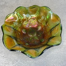 Northwood Green Carnival Glass Strawberry Ruffled Bowl Iridescent 7 Inch picture