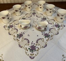 Royal Albert Violet Violetta 6 Coffee Mugs, Cream & Sugar & Matching Tablecloth picture