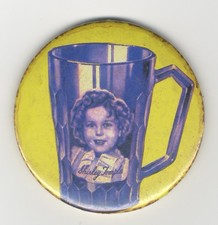 Shirley Temple Pin Badge Blue Depression Glass Pitcher 3 inch diameter Rare picture