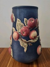 Longaberger Pottery Fall Early Harvest  Large Blue Embrossed Apple And Leaf Vase picture