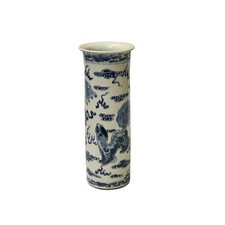 Oriental Small Blue White Kirin Graphic Cylinder Shape Porcelain Art Vase GB089 picture