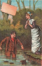 1880-90's Man Falls into Water as Woman Watches Well Dressed Trade Card picture