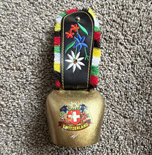 Traditional Switzerland Souvenir Cow Bell w/ Metallic Finish, Floral Leather picture