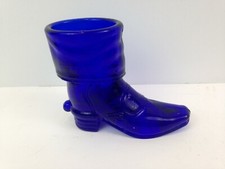 WHEATON Art Glass Cobalt Blue Cowboy Boot Toothpick Holder w/ Spur A102 picture