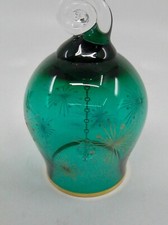 Green Glass Bell Clear Etched Starbursts Gold Rim Swirl Handle 4.75 Inches Tall picture
