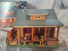 Heartland Valley Village Log Fishing Cabin Lighted Porcelain Village House 2007 picture
