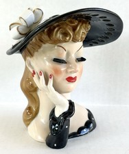 Mid Century Napco Lady Head Vase Black Hat S348B Japan 1950's picture