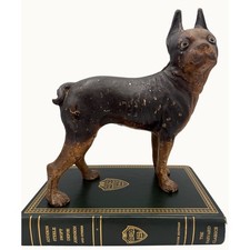 Antique Cast Iron Boston Terrier Dog Doorstop Heavy Glass Eyes Original Paint picture