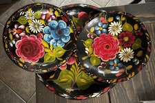 Set Of 3 Vintage Hand Painted Mexican Batea Wooden Trays Or Shallow Bowls picture
