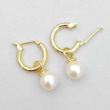 9-10mm New natural white round Pearl 14k yellow gold earrings Classic picture