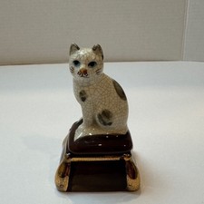Vintage Takahashi San Francisco Ceramic Cat Trinket Box Crackle Glaze Figurine picture