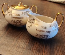 Antique Creamer & Sugar Pearl China Company 50th Anniversary 22k Gold Trim Rare picture