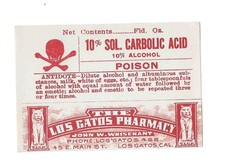 Vintage Sol. Carbonic Acid Poison BottLe Label Los Gatos Pharmacy Los Gatos, Ca picture