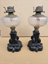 PAIR 1890s ANTIQUE PALMETTO SHELL KEROSENE LAMPS BLACK AMETHYST GLASS BASE  RARE picture