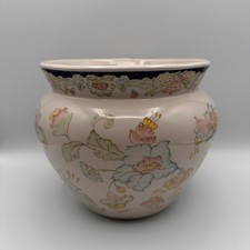 Vintage Portugal Hand Painted Signed Ceramic Cachepot Floral Chinoiserie Planter picture