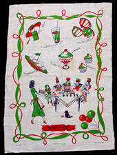 NWOT Linen Tea Towel Wall Art FAB Mid Century PARTY TIME Unhemmed Sides picture