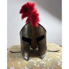 Spartan Warrior Helmet Antique Brass Finish Red Plume Corinthian Roman Armor picture