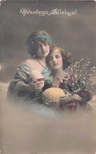 1922 Polish Tinted Real Photo Easter Postcard of Little Girls with Colored Eggs picture