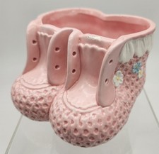 Vintage Pink Double Baby Bootie Shoe Ceramic Small Planter Nursery Decor picture