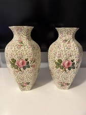 Antique Crown Ducal Ware A.G.R. England Pair 10” Chintz Rose Floral Vases picture