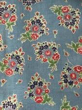 Vintage Feedsack Floral Fabric Uncut Original with Chain Stitch Red White Blue picture