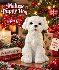 Realistic Maltese Puppy Figurine Statue Sculpture - Gift Boxed - Mint picture