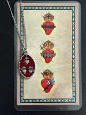Sacred Hearts Jesus Mary Joseph Red Enamel & Pewter Medal Necklace w Prayer Card picture