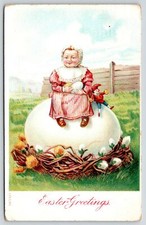 Easter Fantasy~Lil Toddler Farm Girl~iant Egg Nest~Jester Toy~Striped Pinafore picture
