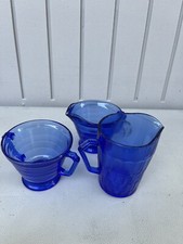 3 Piece - COBALT BLUE HAZEL ATLAS MODERNTONE Creamer & Sugar Plus Bonus Pitcher picture