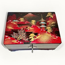 Vintage Japanese Black Red Lacquered Musical Jewelry Box Fuji Mt Mother of Pearl picture