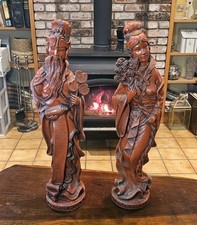 Vintage Asian Style Chinoiserie Faux Cinnabar Large Red Statues Male & Female picture