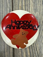 Vintage Happy Anniversary Heart & Teddy Bear Pinback Button picture