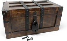 Nautical Cove Deluxe Handmade Wooden Treasure Chest Flat Lid Leather Accents picture