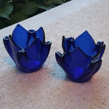 PartyLite Cobalt Blue Art Glass Tulip Votive Candle Holders Set of 2 picture