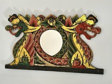 Balinese Twin Naga Dragon Wood Wall Mirror Bali Polychrome Gilt 20¼″ 2000s VTG picture