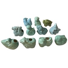 Vintage Japanese Celadon Ceramic Zodiac Figurines Set of 11 Animal Missing Horse picture