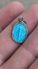 Vintage Sterling Silver & Blue Enamel Religious Medal Pendant Virgin Mary Charm picture