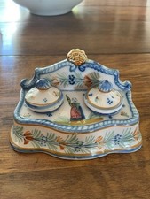 French Faience Henroit Quimper double inkwell with Breton standing woman picture