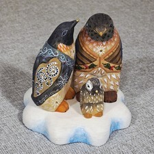 Russian Folk Art Hand Carved Wood Penguin Family Figurine, Hand Painted, Signed picture