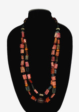 VTG Wood Bead Double Strand Necklace BOHO Tribal Multicolor Redwood Green Navy picture