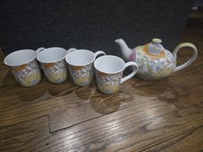 LIBERTY FOR TARGET PASTEL FLORAL DESIGN STONEWARE TEAPOT 32 OZ And 4 Mugs picture